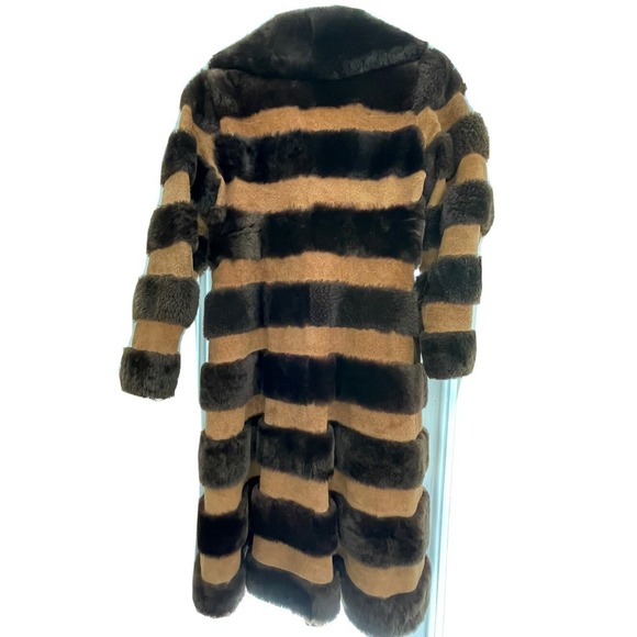 Vintage 70s Mouton Fur Long Coat Suede Stripe Shearling Retro Boho Glam XXS READ - Picture 2 of 16